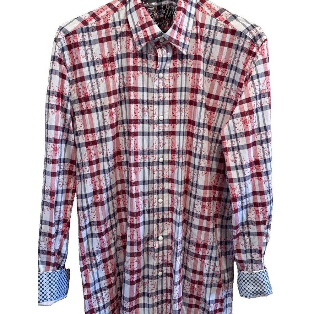 Scully Shirt Mens M Blue Geometic Print Long Sleeve Pearl Snap Button Flip Cuff